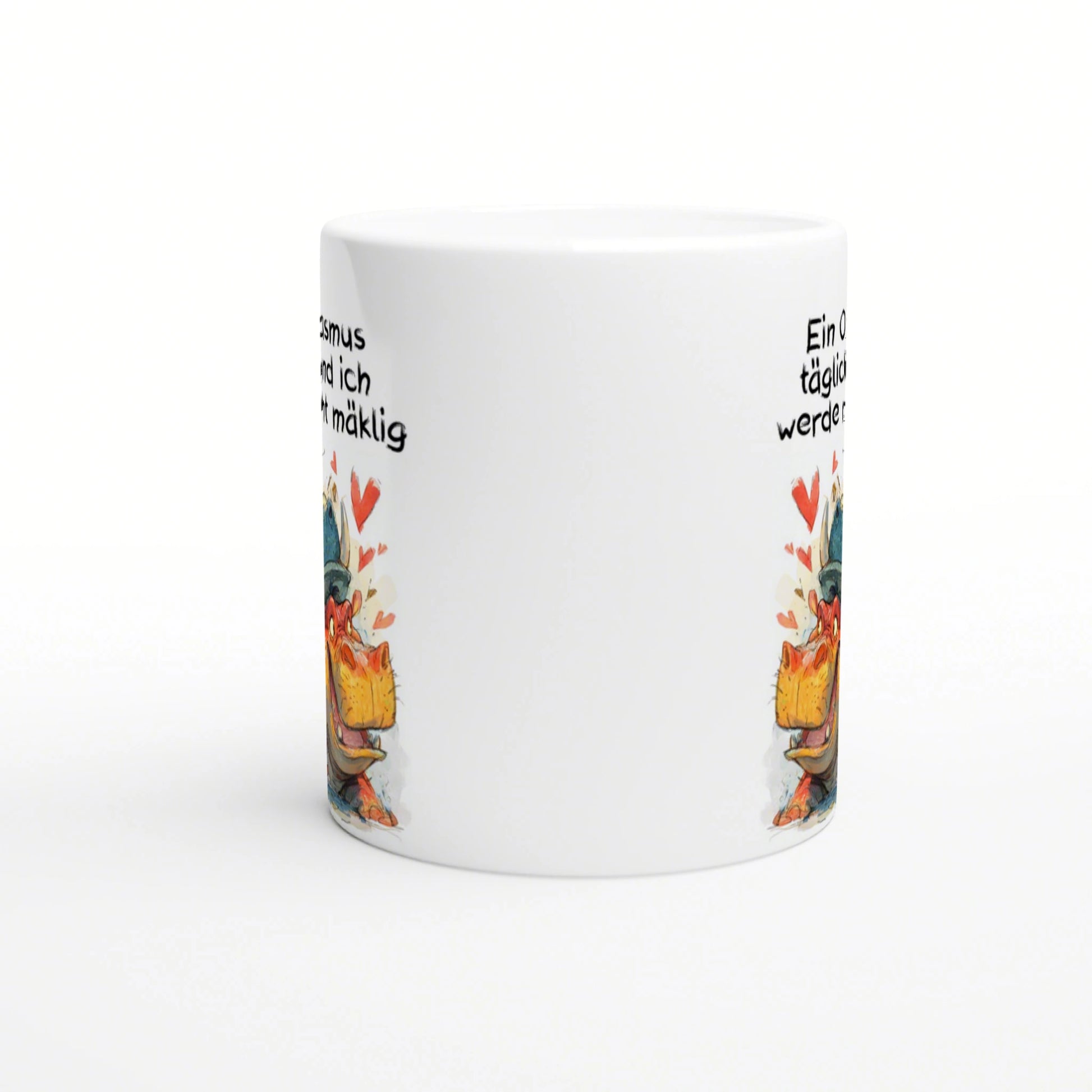 White ceramic mug mockup featuring a colorful cartoon character with hearts and partial German text along the sides.