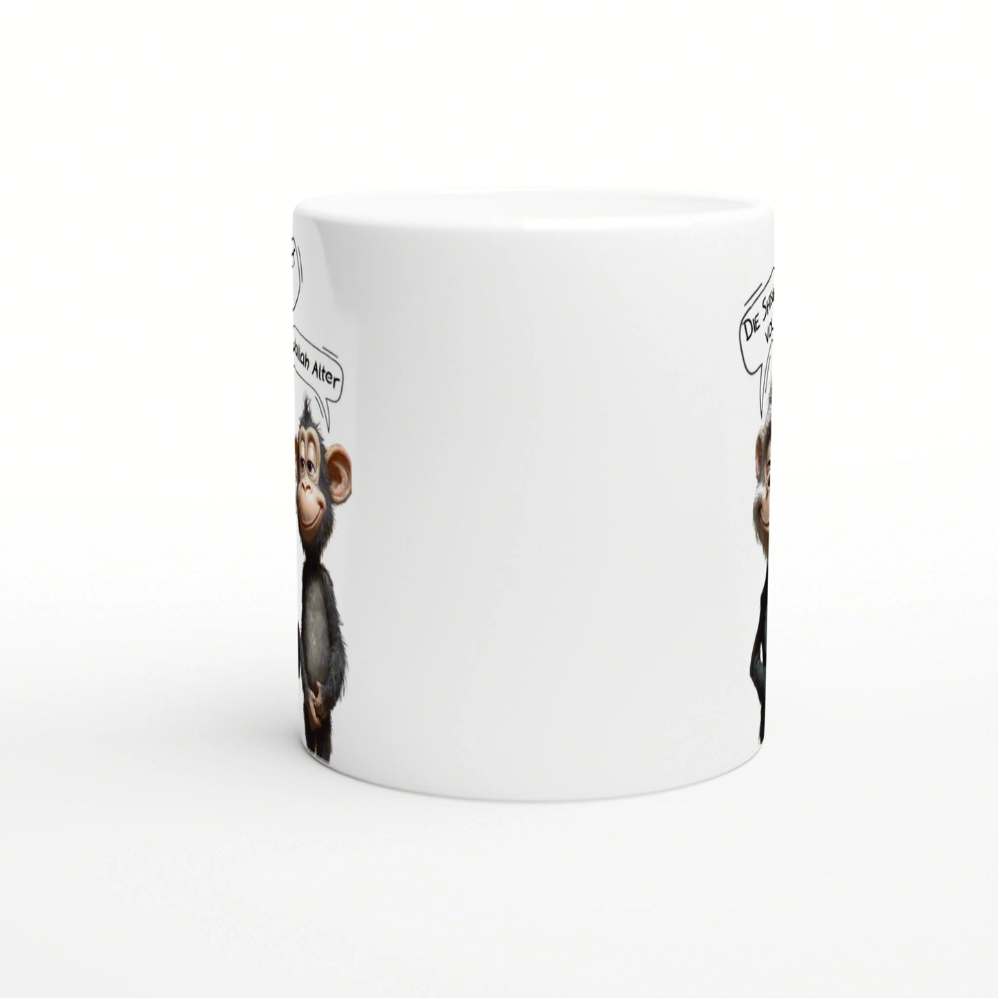 White ceramic mug mockup featuring a cartoon monkey with a speech bubble on the edge; blank center.