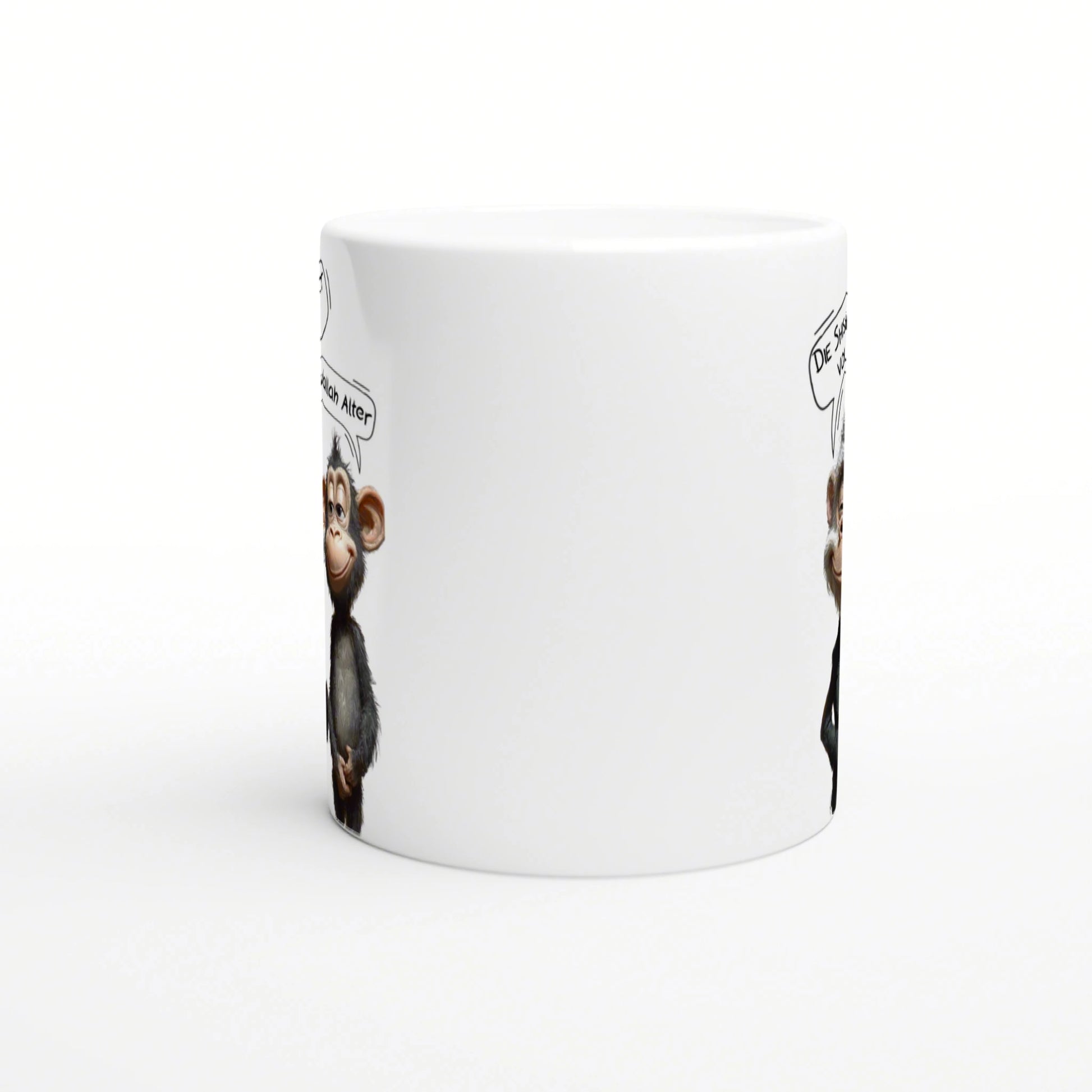 White ceramic mug mockup featuring a cartoon monkey with a speech bubble on the edge; blank center.