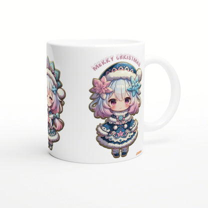 White ceramic mug featuring a cute chibi girl in a blue dress with a flower headband and Merry Christmas text; mockup.