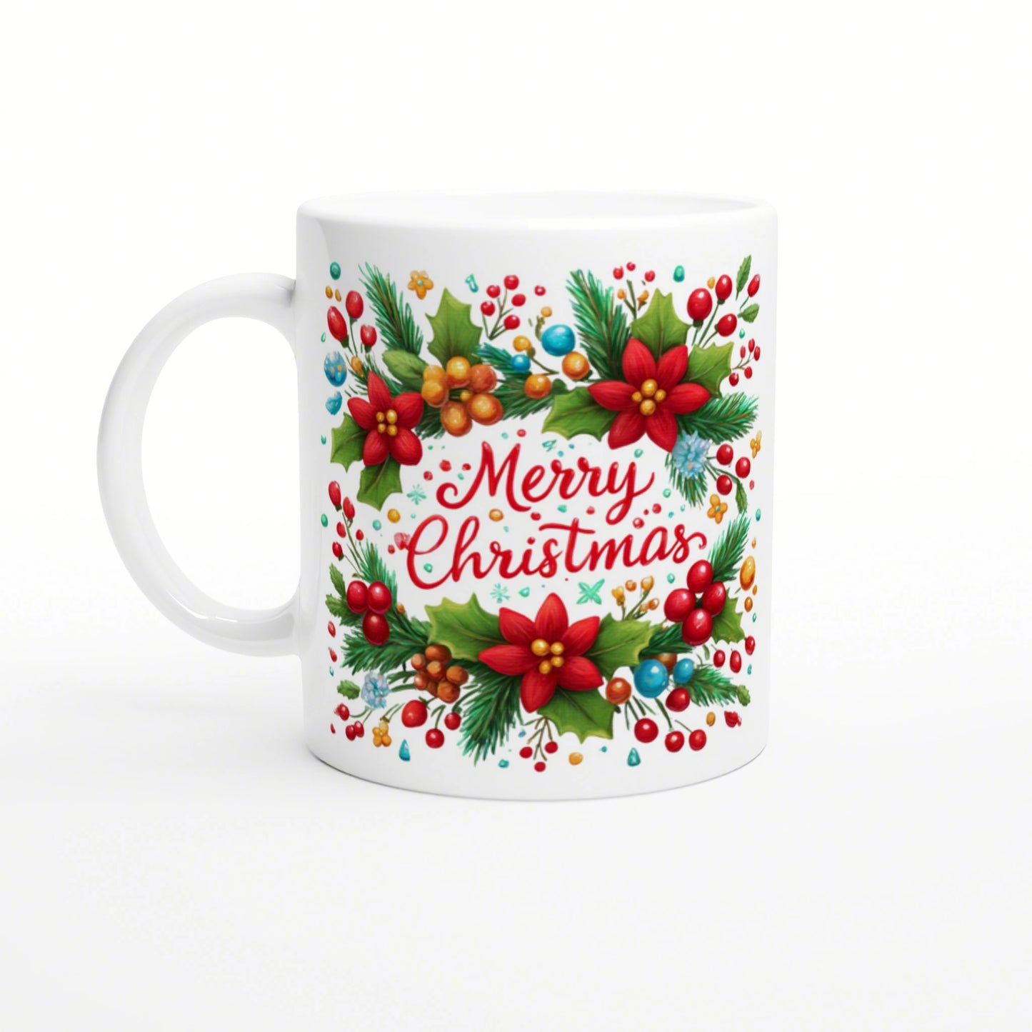 White ceramic mug with a vibrant Christmas wreath, holly and berries, and red 'Merry Christmas' script at the center.