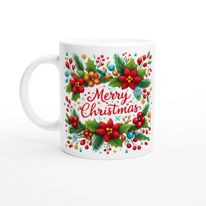 White ceramic mug with a vibrant Christmas wreath, holly and berries, and red 'Merry Christmas' script at the center.