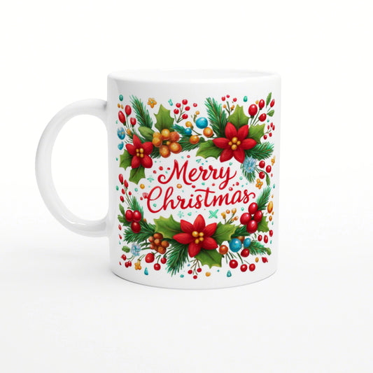 White ceramic mug with a vibrant Christmas wreath, holly and berries, and red 'Merry Christmas' script at the center.