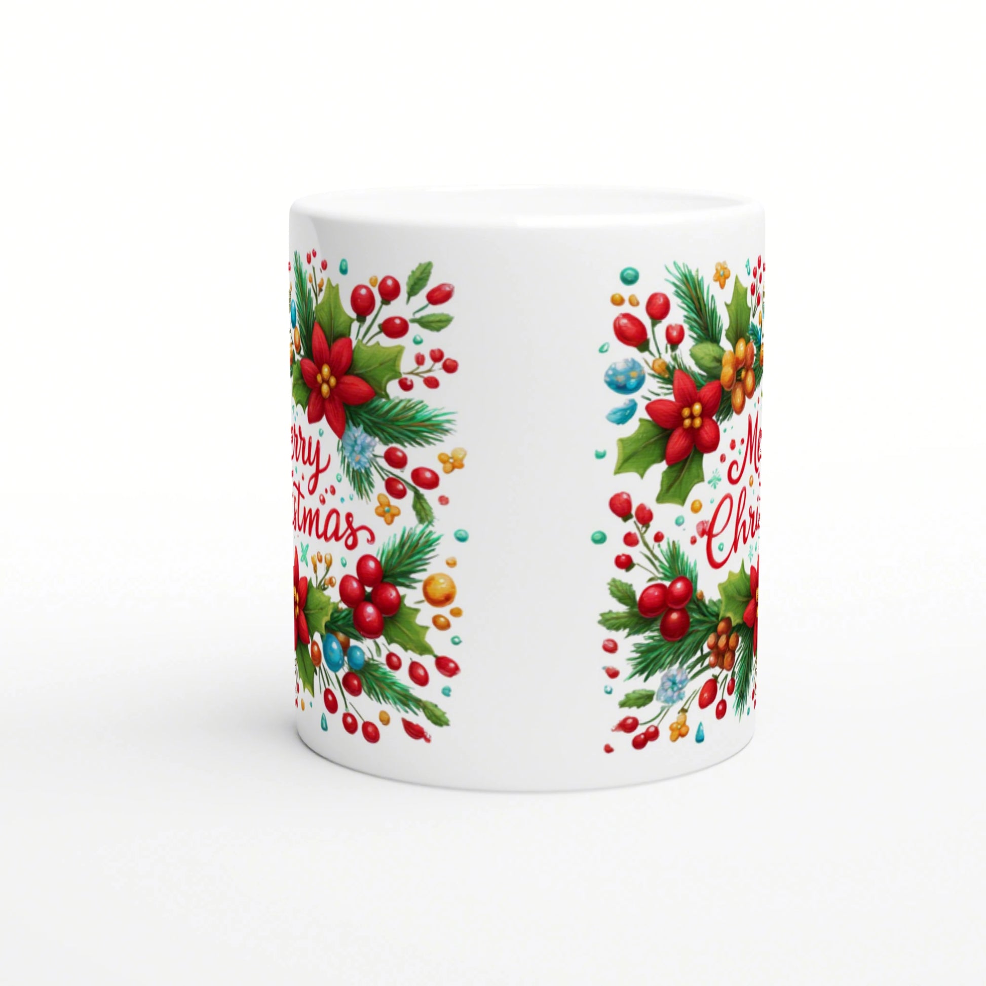 White ceramic mug featuring colorful Christmas wreaths, holly, red berries, and 'Merry Christmas' script as a wrap.