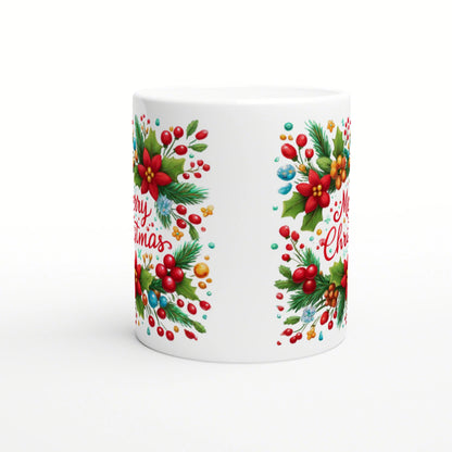 White ceramic mug featuring colorful Christmas wreaths, holly, red berries, and 'Merry Christmas' script as a wrap.