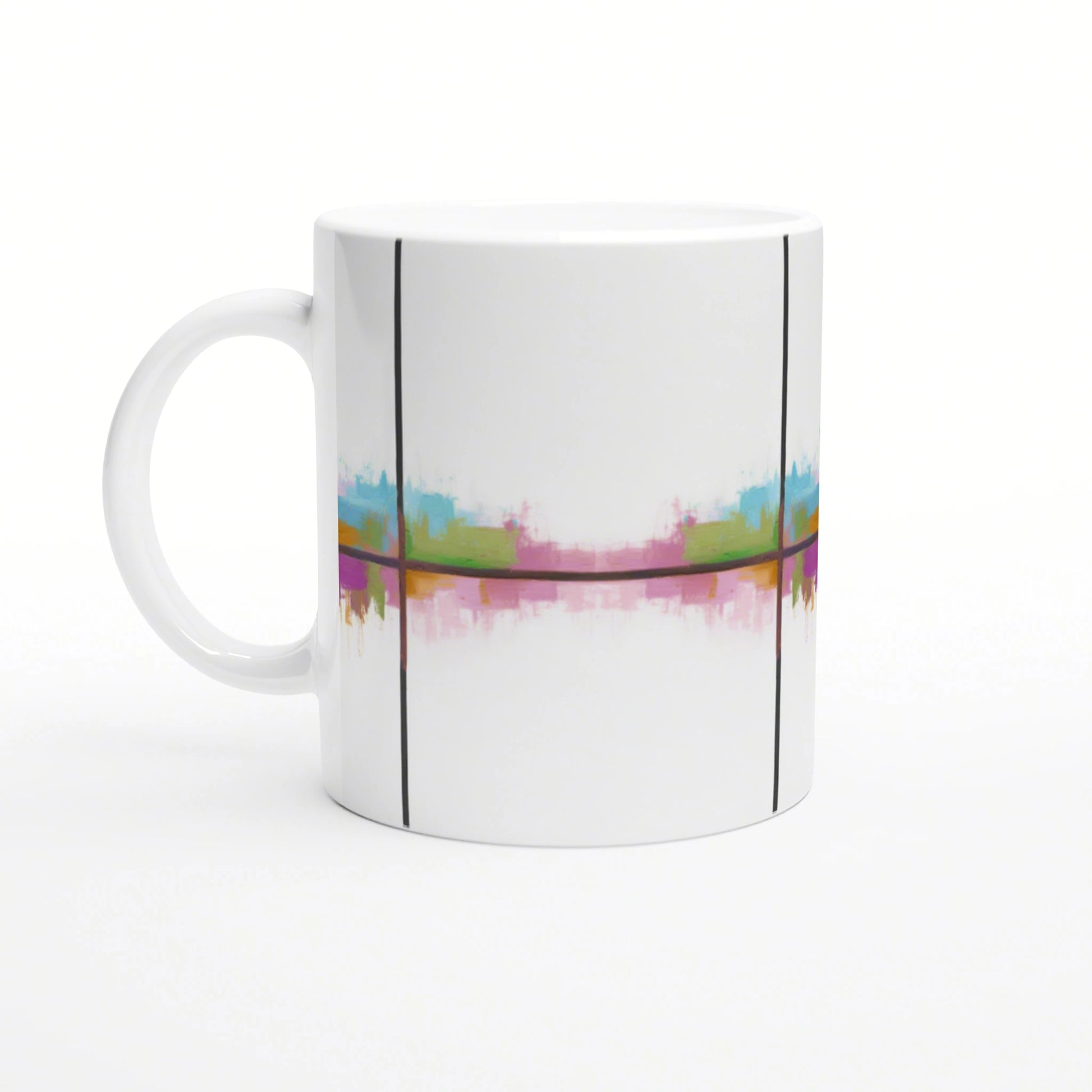 White ceramic mug featuring a colorful abstract band across the middle in pink, blue, green, and yellow, with black lines.