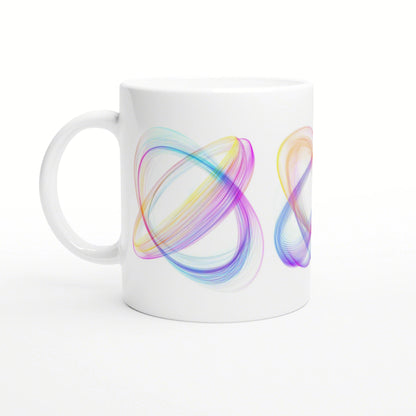 White ceramic mug featuring colorful abstract swirl artwork in pink, blue, and yellow on a white background.
