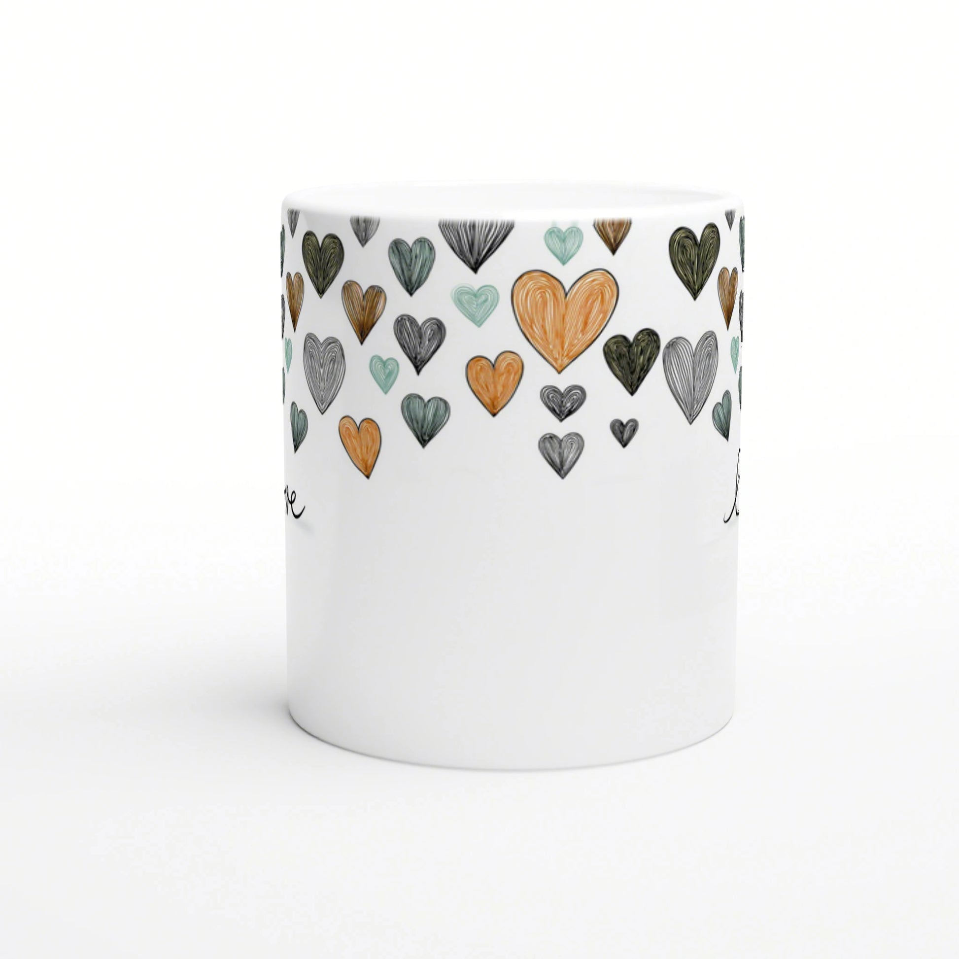 White ceramic mug with a band of colorful, hand-drawn hearts around the rim; product mockup for an online shop.