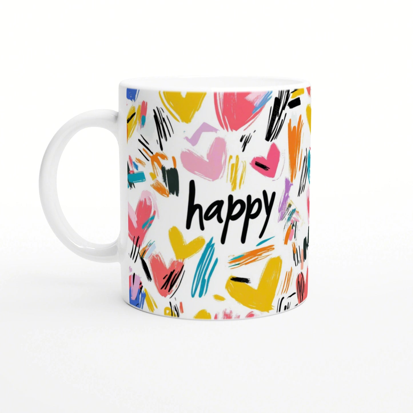 White ceramic mug with colorful heart brush strokes and the word happy in black script; product mockup.