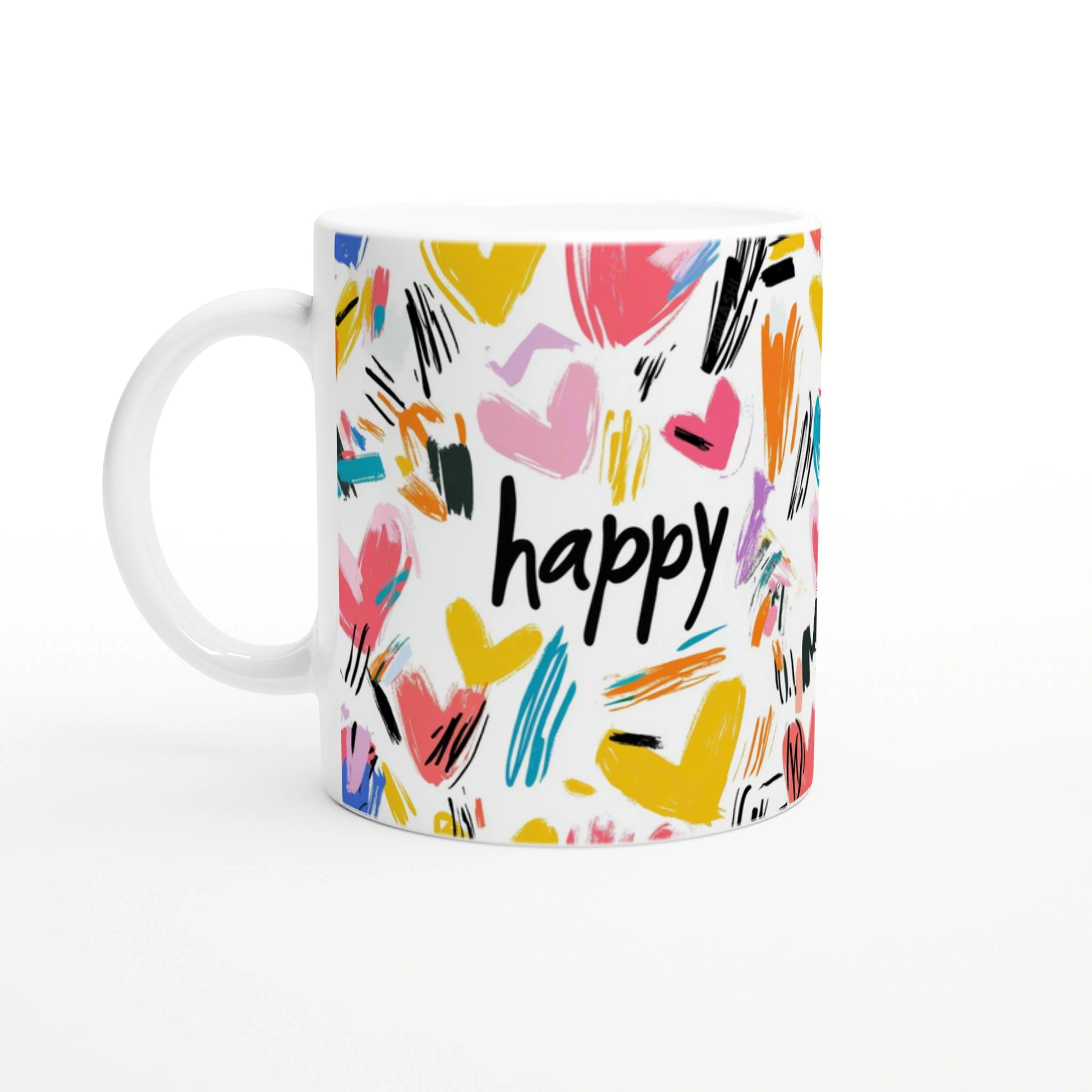 White ceramic mug with colorful heart brush strokes and the word happy in black script; product mockup.
