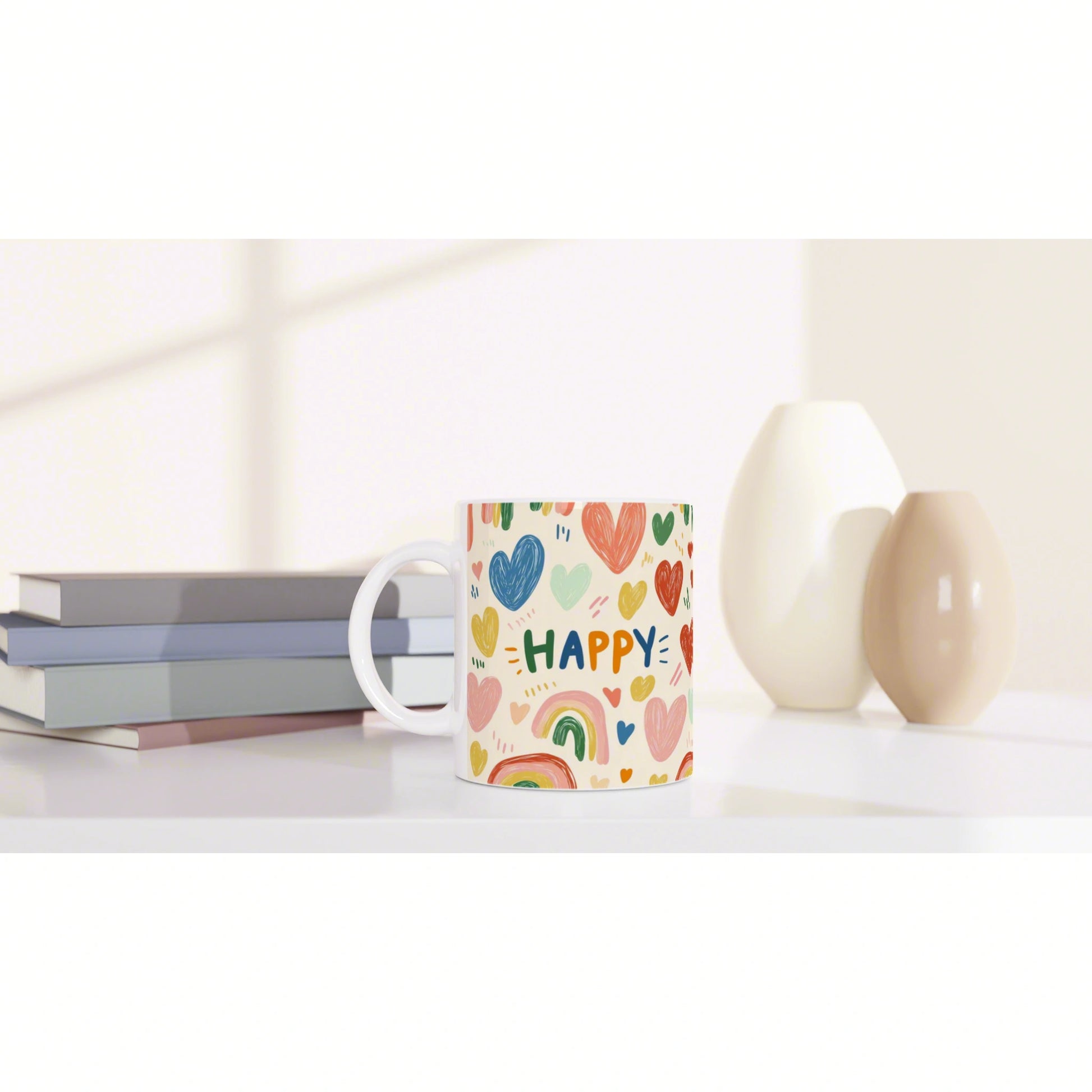 White ceramic mug with colorful hearts and the word HAPPY, set on a desk beside stacked books and two vases.