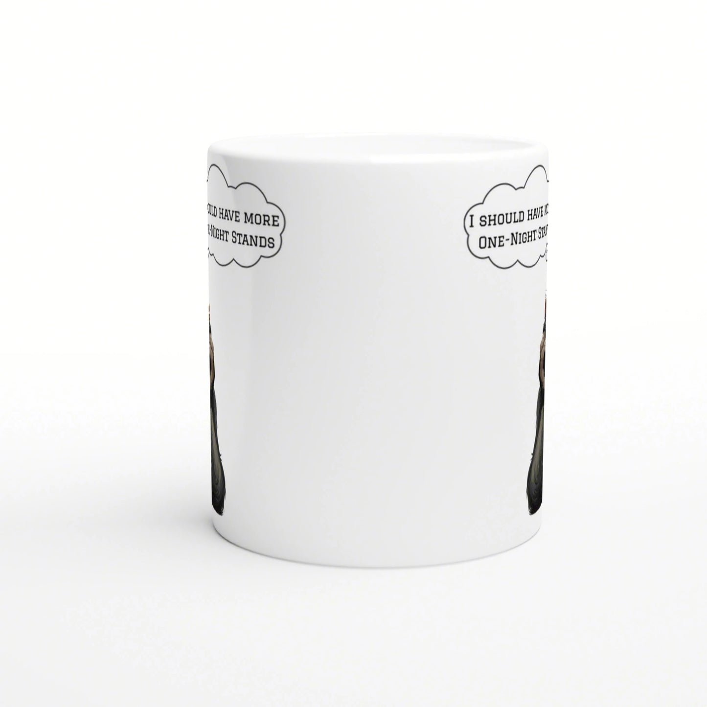 White ceramic mug mockup with a partial comic-style illustration and speech bubbles mentioning one-night stands.