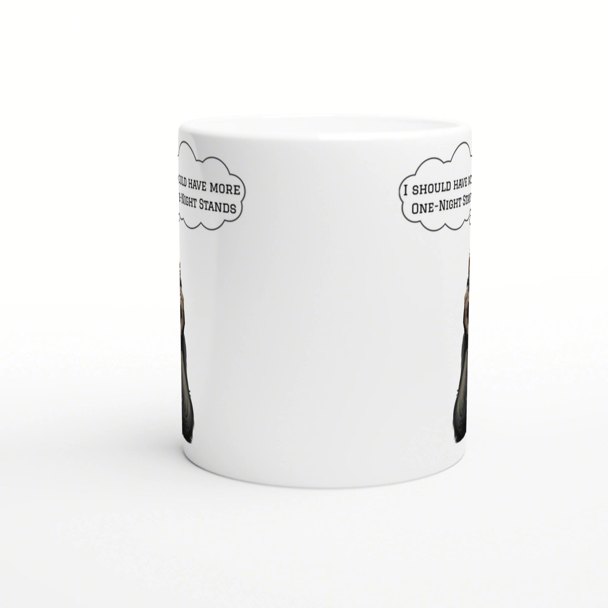 White ceramic mug mockup with a partial comic-style illustration and speech bubbles mentioning one-night stands.