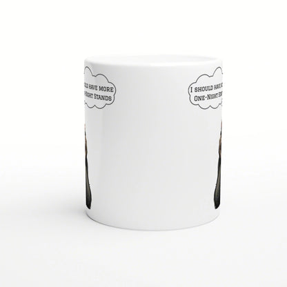 White ceramic mug mockup with a partial comic-style illustration and speech bubbles mentioning one-night stands.