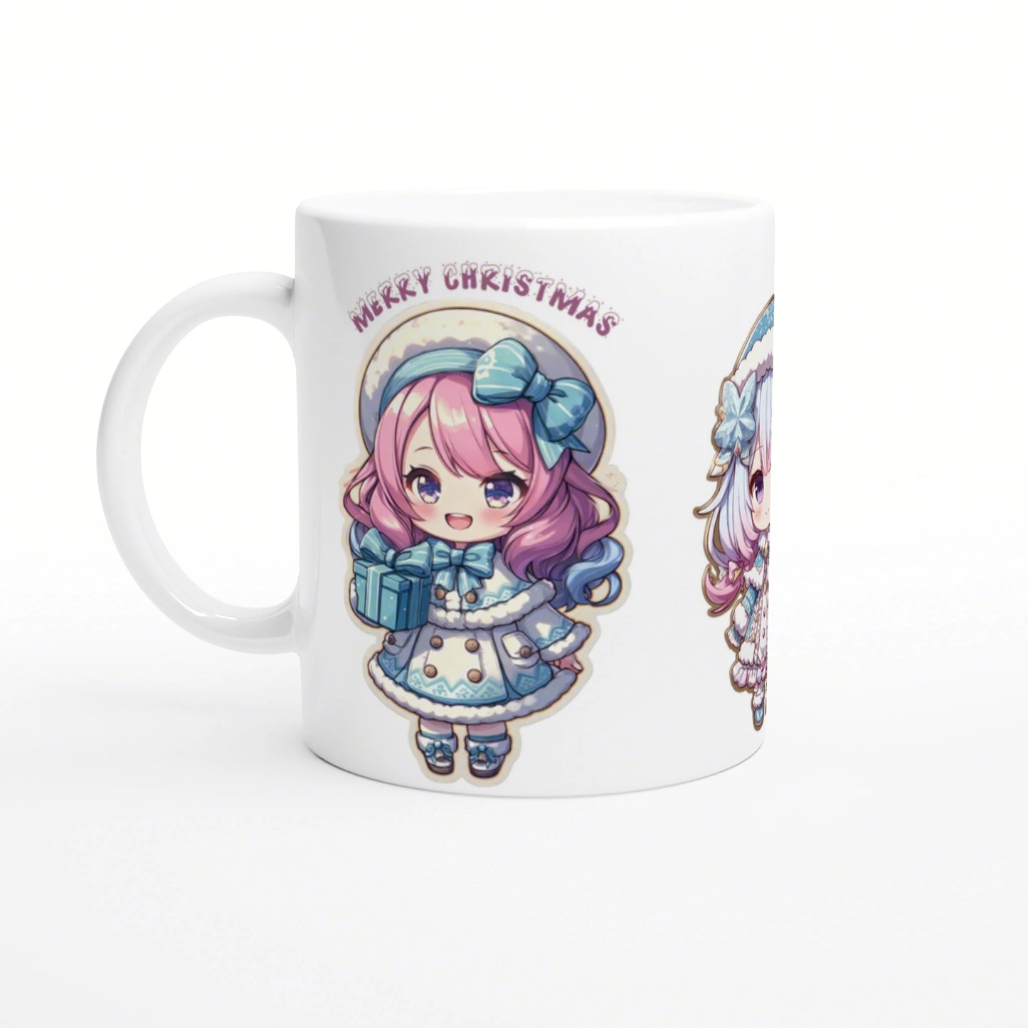 White ceramic mug featuring a cute chibi girl in a blue winter outfit, holding a gift, with the Merry Christmas text.