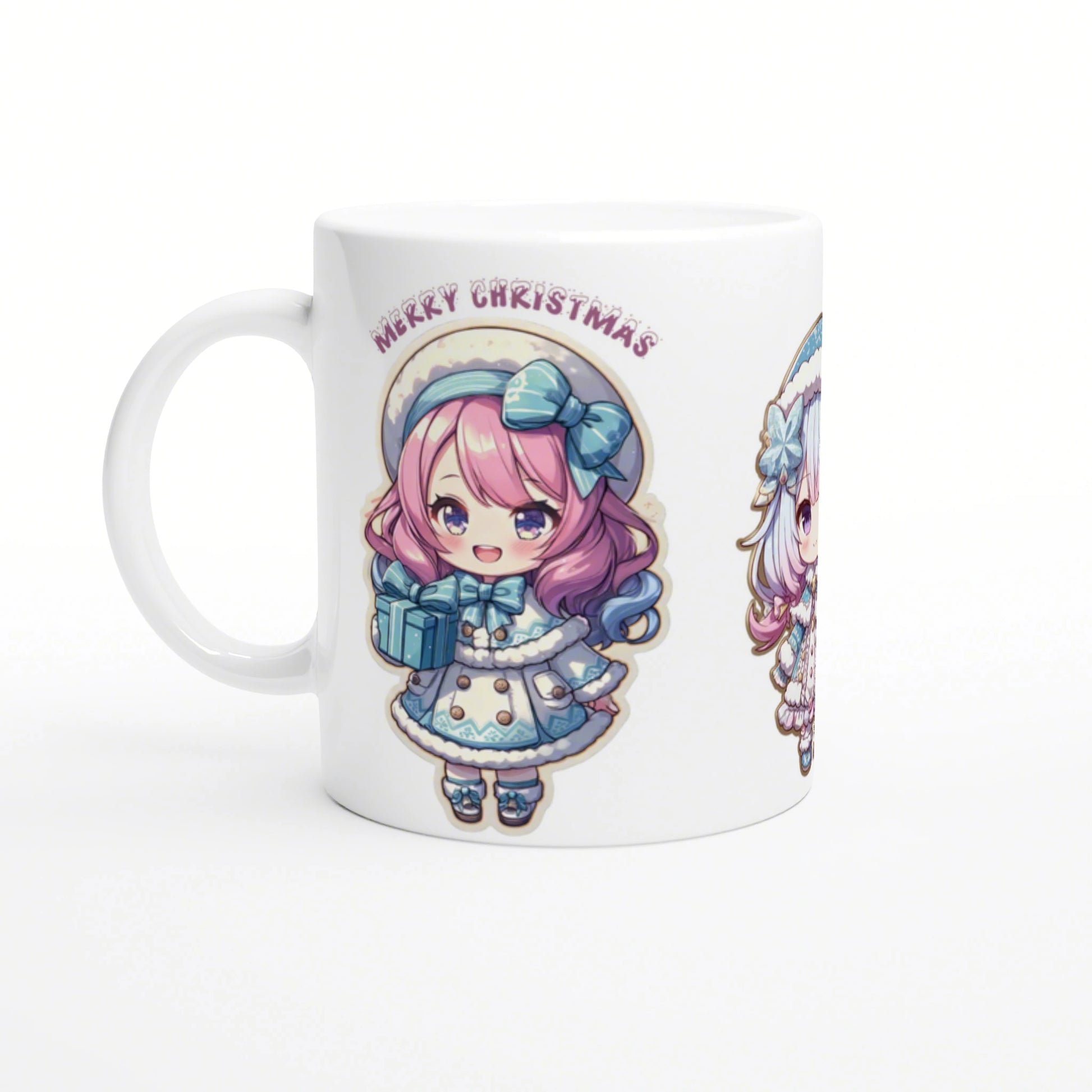 White ceramic mug featuring a cute chibi girl in a blue winter outfit, holding a gift, with the Merry Christmas text.