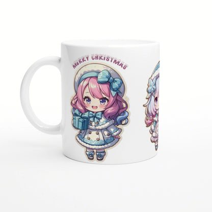 White ceramic mug featuring a cute chibi girl in a blue winter outfit, holding a gift, with the Merry Christmas text.