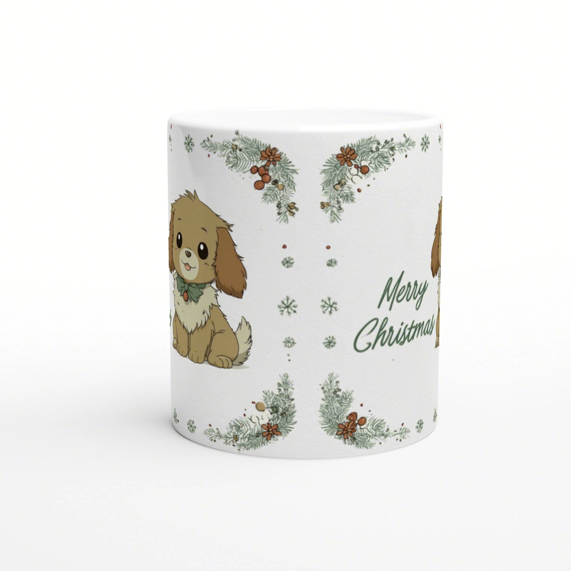 White ceramic mug featuring a cute brown puppy with a green bow, festive pine garlands and snowflakes with Merry Christmas text.