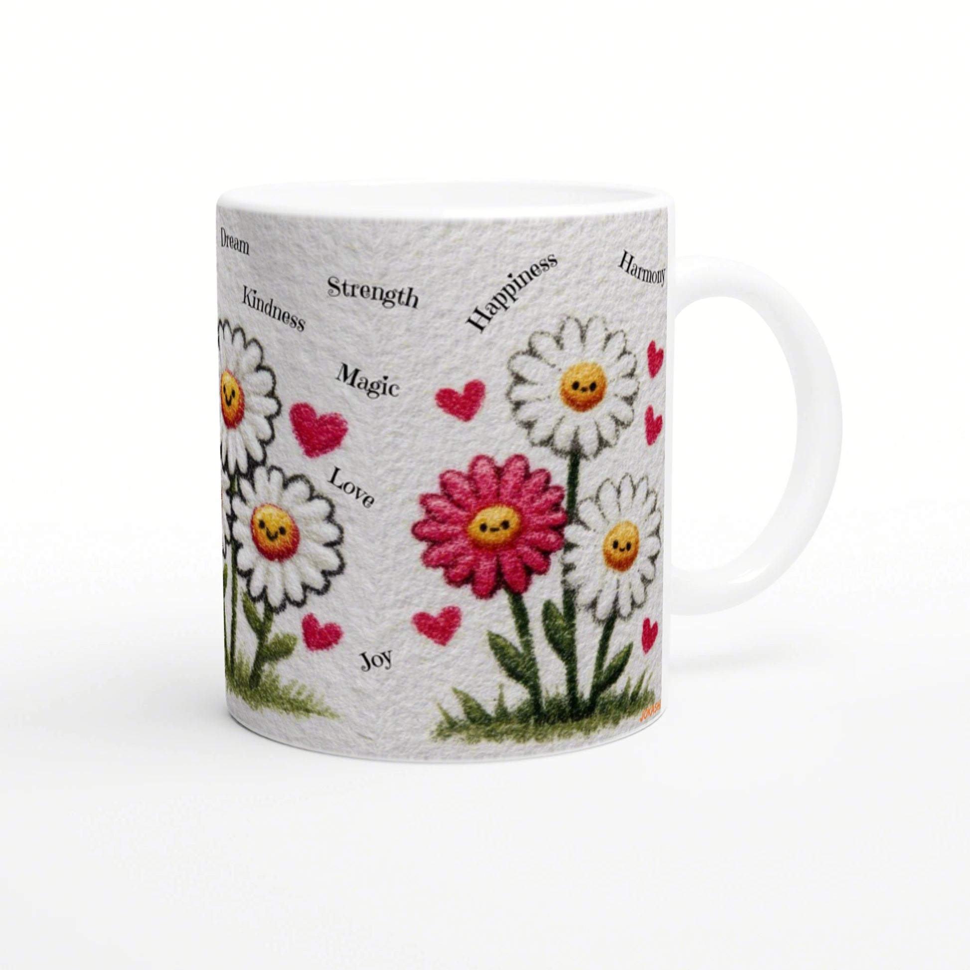 White ceramic mug mockup with embroidered daisies, pink hearts, and words like Dream, Happiness, Love.