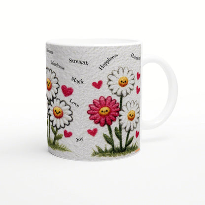 White ceramic mug mockup with embroidered daisies, pink hearts, and words like Dream, Happiness, Love.