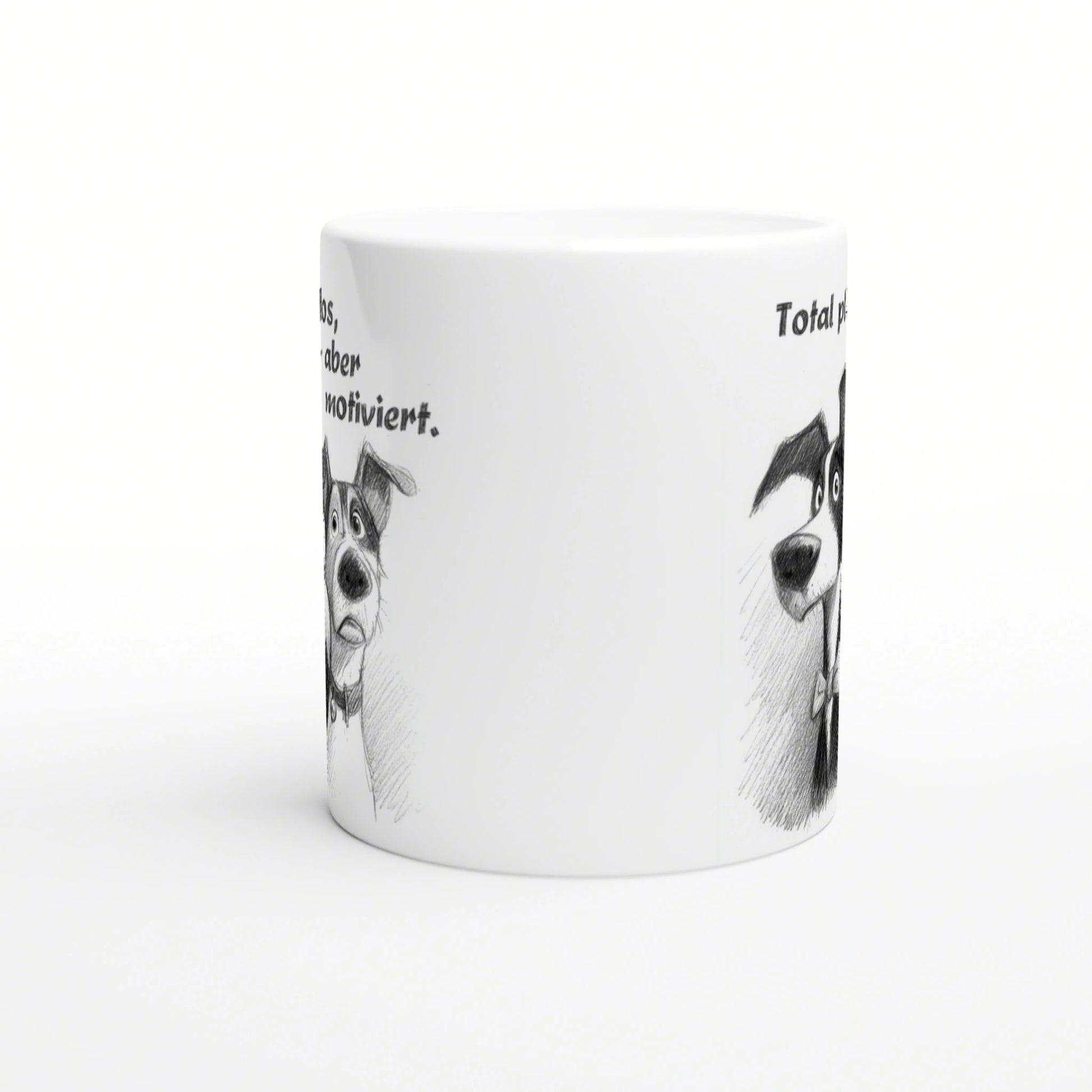 White ceramic mug with a black-and-white dog sketch on the side and partial text; a product mockup for funny slogans.