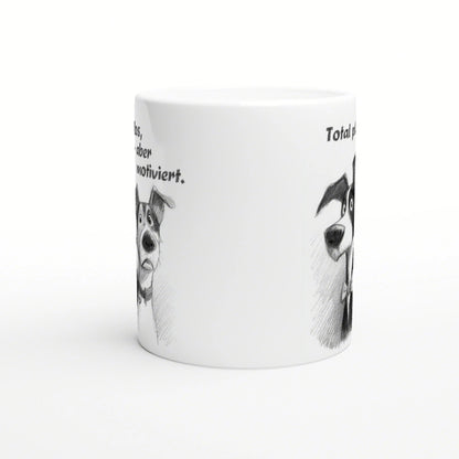 White ceramic mug with a black-and-white dog sketch on the side and partial text; a product mockup for funny slogans.