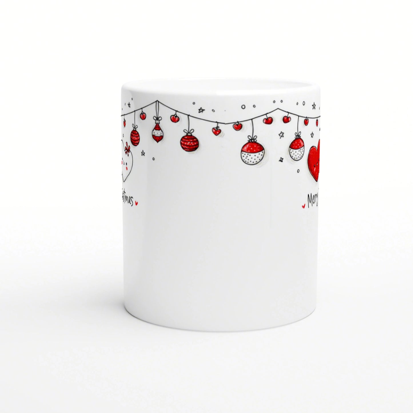 Product mockup: white ceramic mug with a whimsical red-and-black doodle garland of ornaments along the rim.
