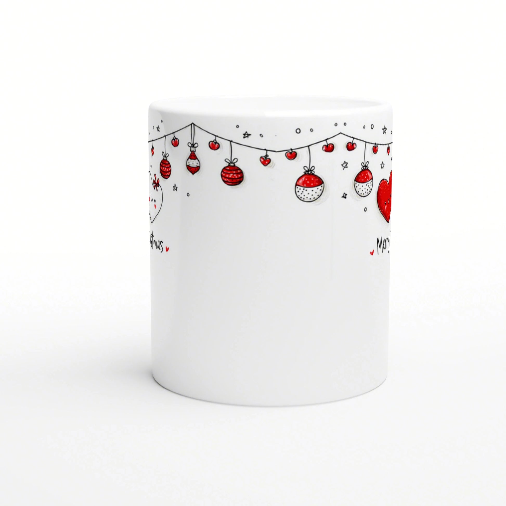 Product mockup: white ceramic mug with a whimsical red-and-black doodle garland of ornaments along the rim.