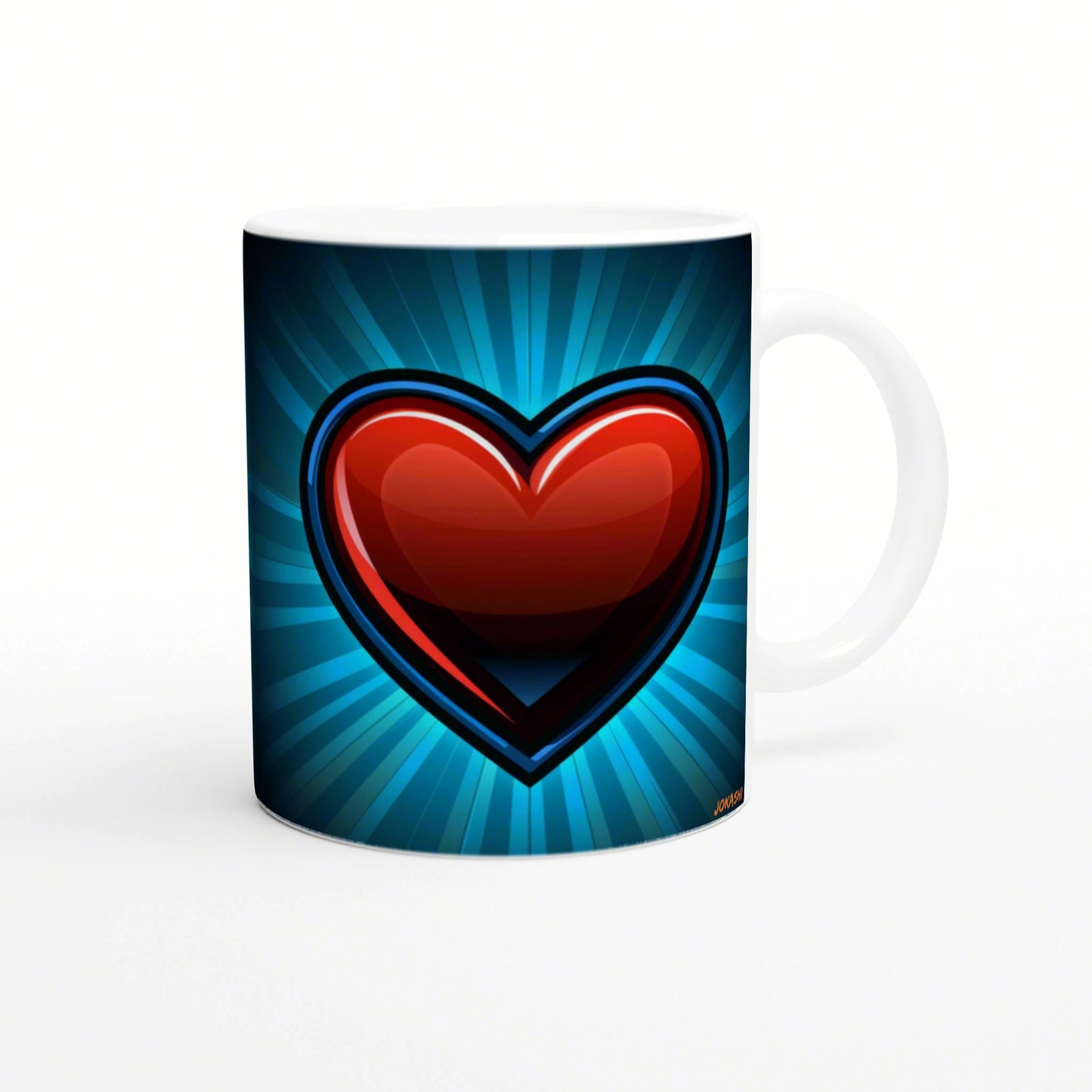 White ceramic mug featuring a glossy red heart on a blue radial burst background; a product mockup for cups and T-shirts.