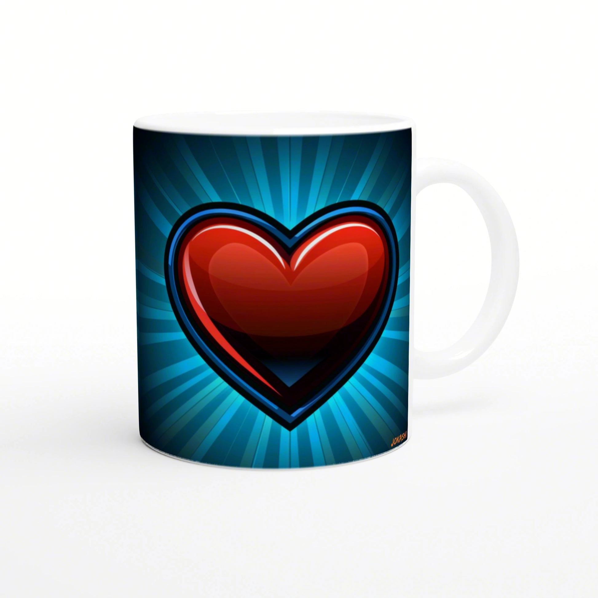White ceramic mug featuring a glossy red heart on a blue radial burst background; a product mockup for cups and T-shirts.