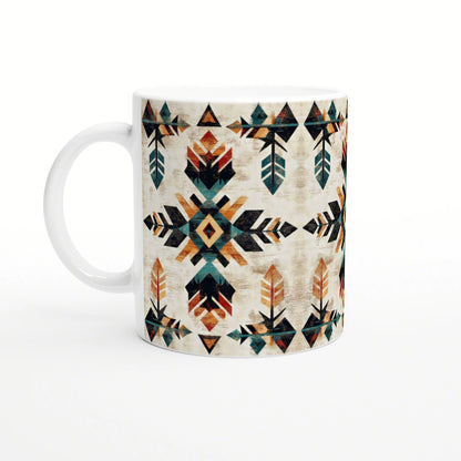 White ceramic mug mockup featuring a distressed beige background with bold geometric tribal pattern in teal, orange, and black.
