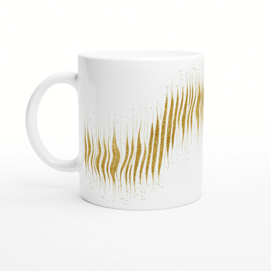 White ceramic mug with a gold abstract brushstroke pattern along its side; product mockup on white background.