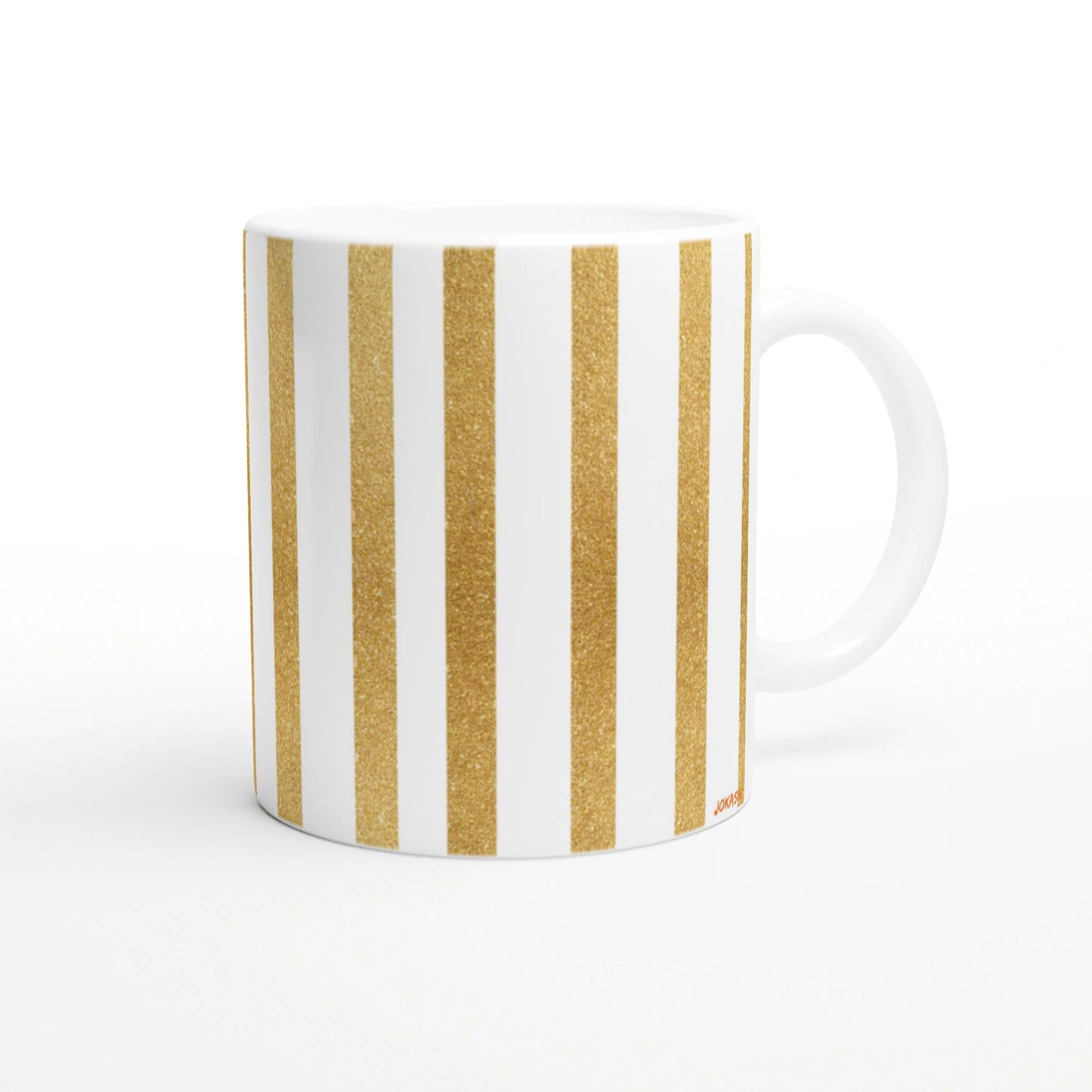 White ceramic mug with vertical gold glitter stripes; product mockup.