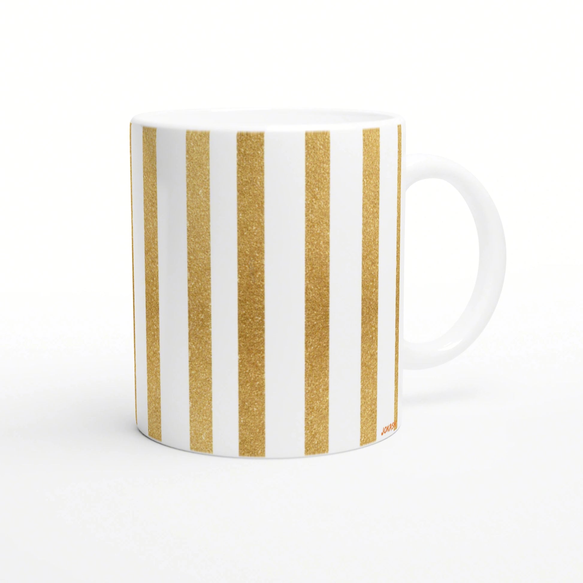 White ceramic mug with vertical gold glitter stripes; product mockup.