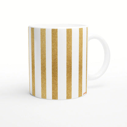 White ceramic mug with vertical gold glitter stripes; product mockup.