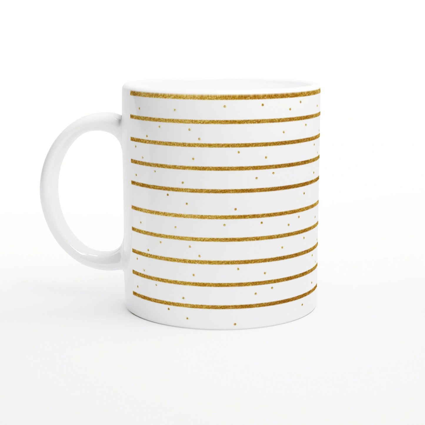White ceramic mug mockup featuring gold glitter stripes and small gold dots.