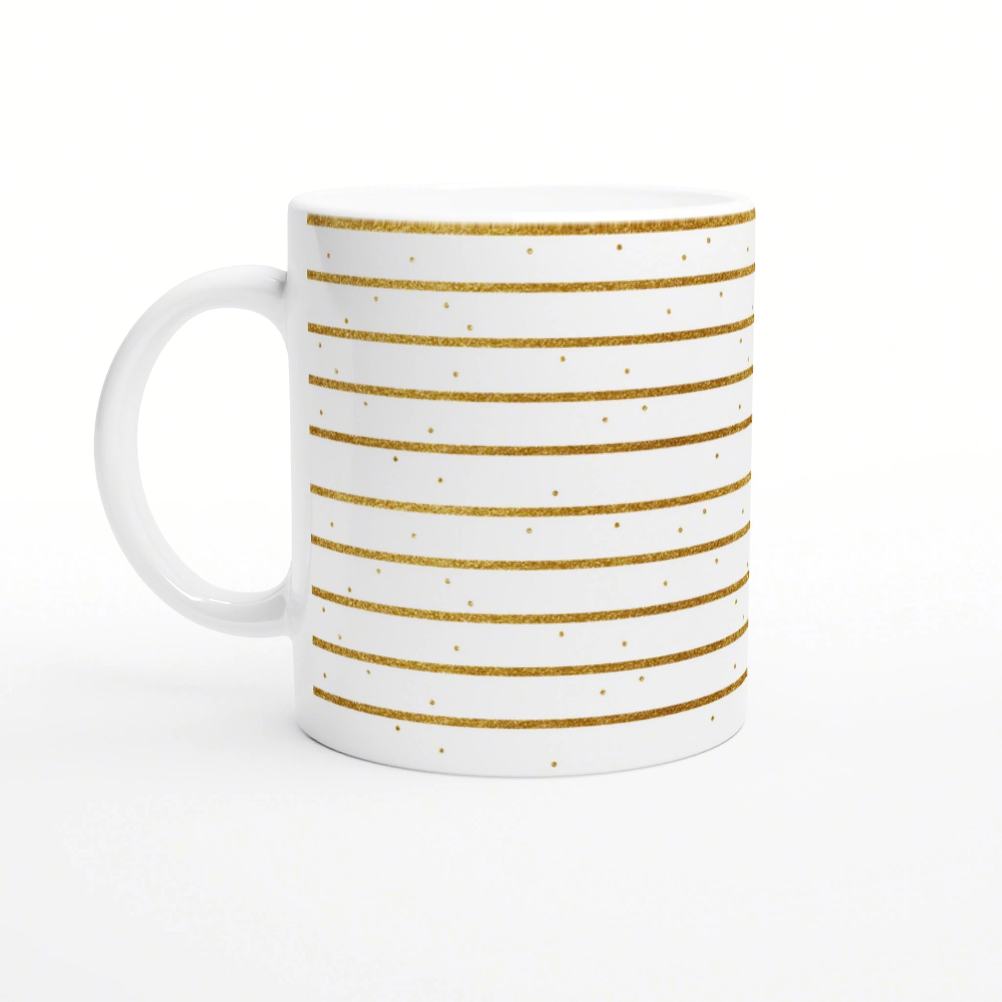 White ceramic mug mockup featuring gold glitter stripes and small gold dots.