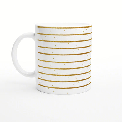 White ceramic mug mockup featuring gold glitter stripes and small gold dots.