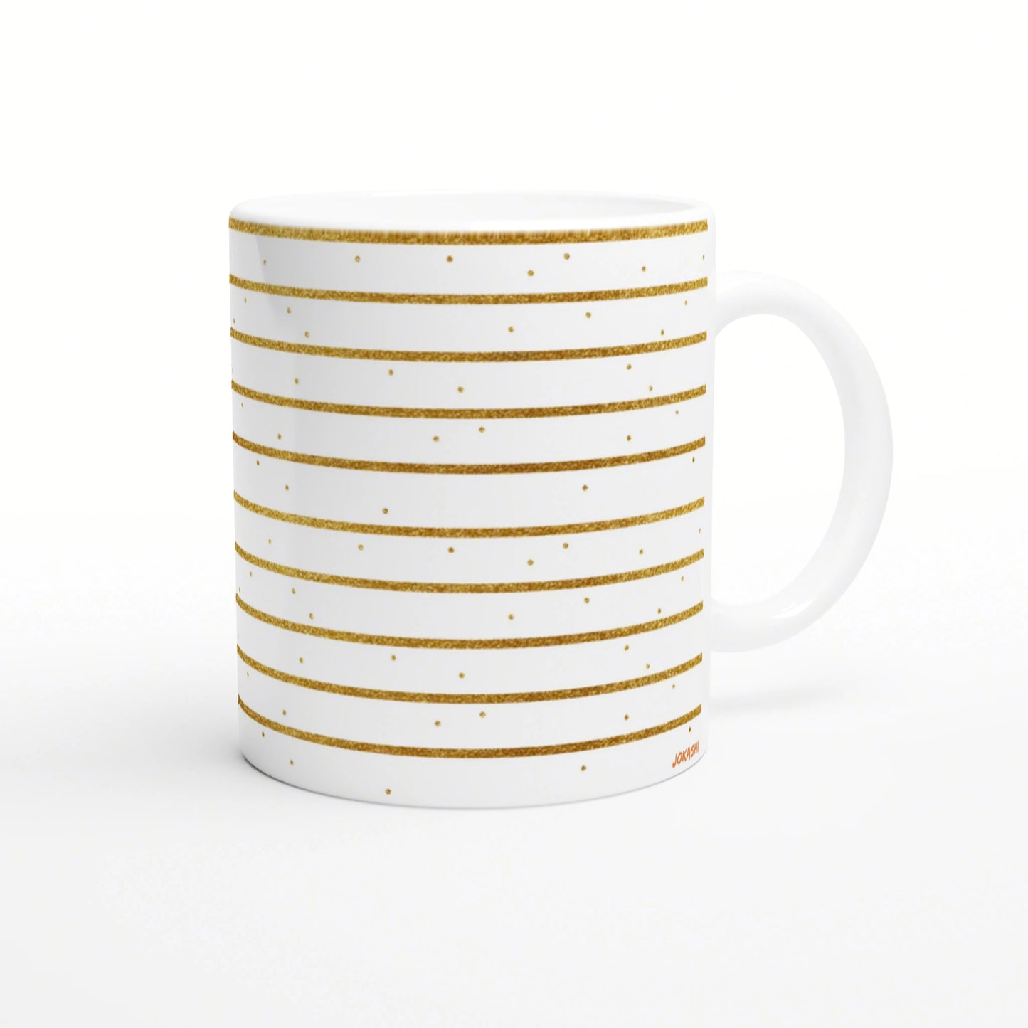 White ceramic mug with gold glitter horizontal stripes and tiny gold dots; clean product mockup.