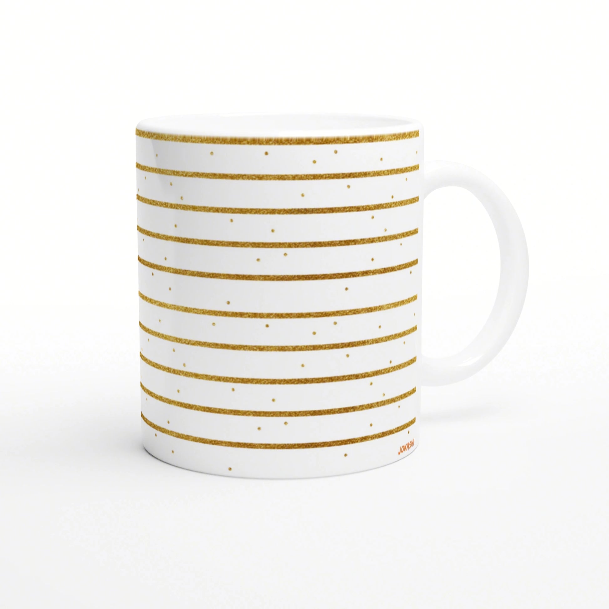 White ceramic mug with gold glitter horizontal stripes and tiny gold dots; clean product mockup.