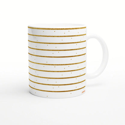 White ceramic mug with gold glitter horizontal stripes and tiny gold dots; clean product mockup.