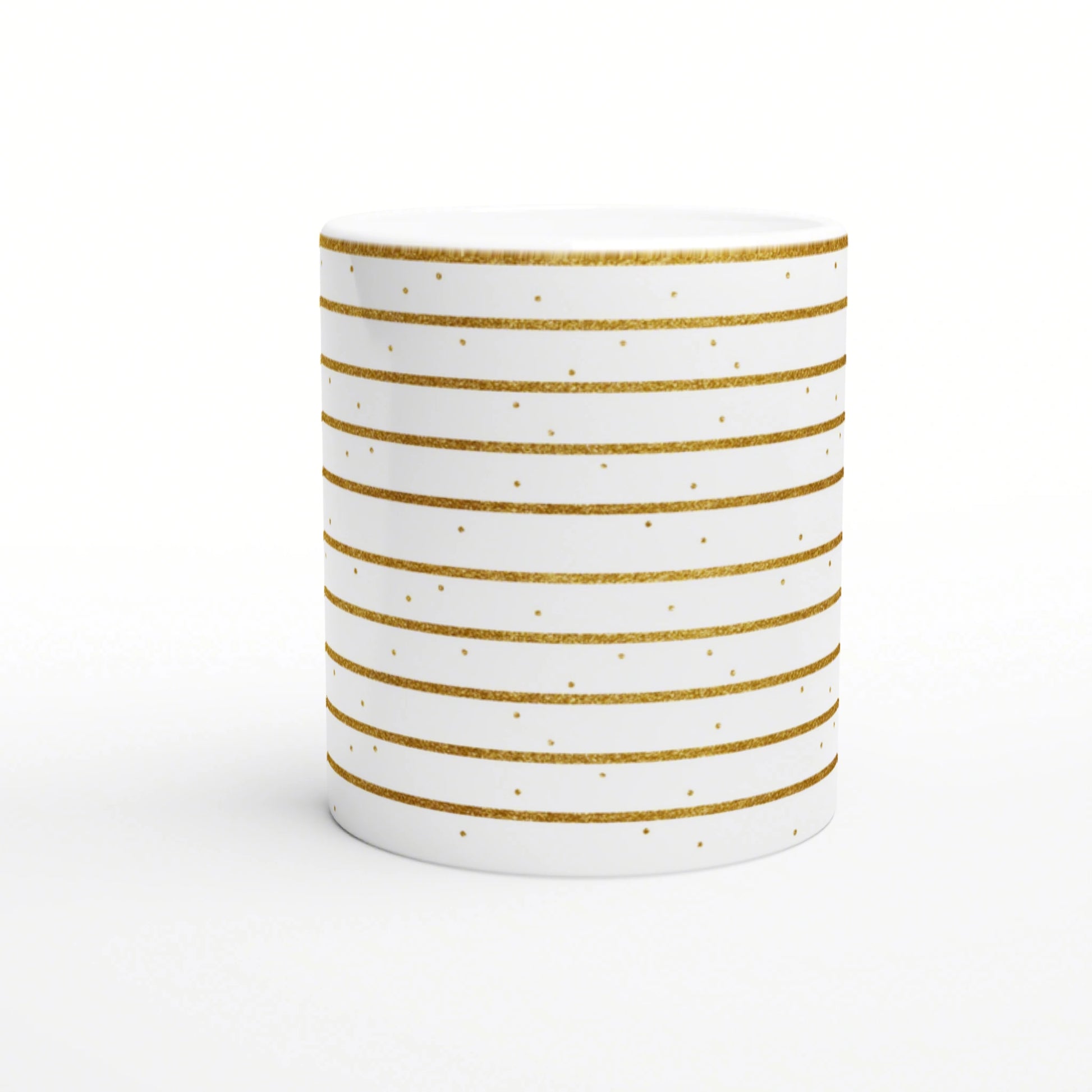 White ceramic mug with horizontal gold glitter stripes and small gold dots; a product mockup for an online shop.