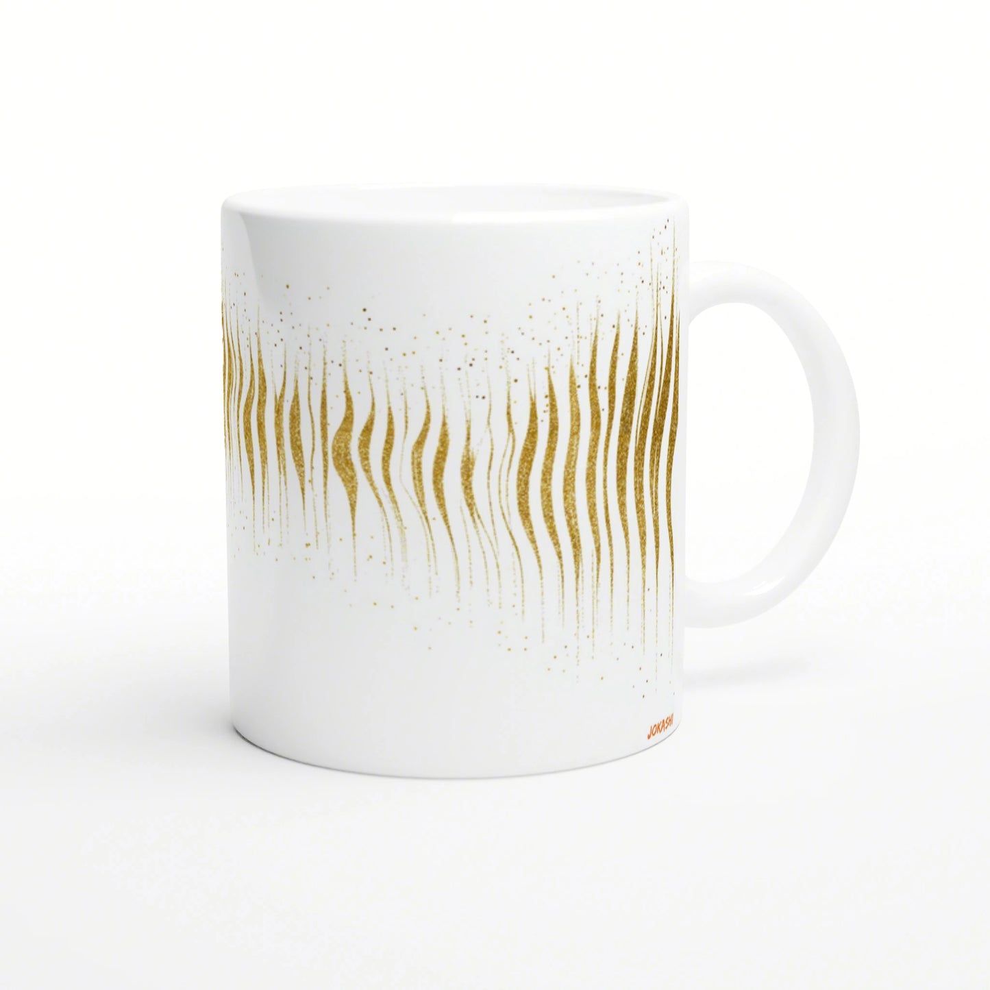 White ceramic mug with a vertical gold wavy stripe design and scattered gold specks.