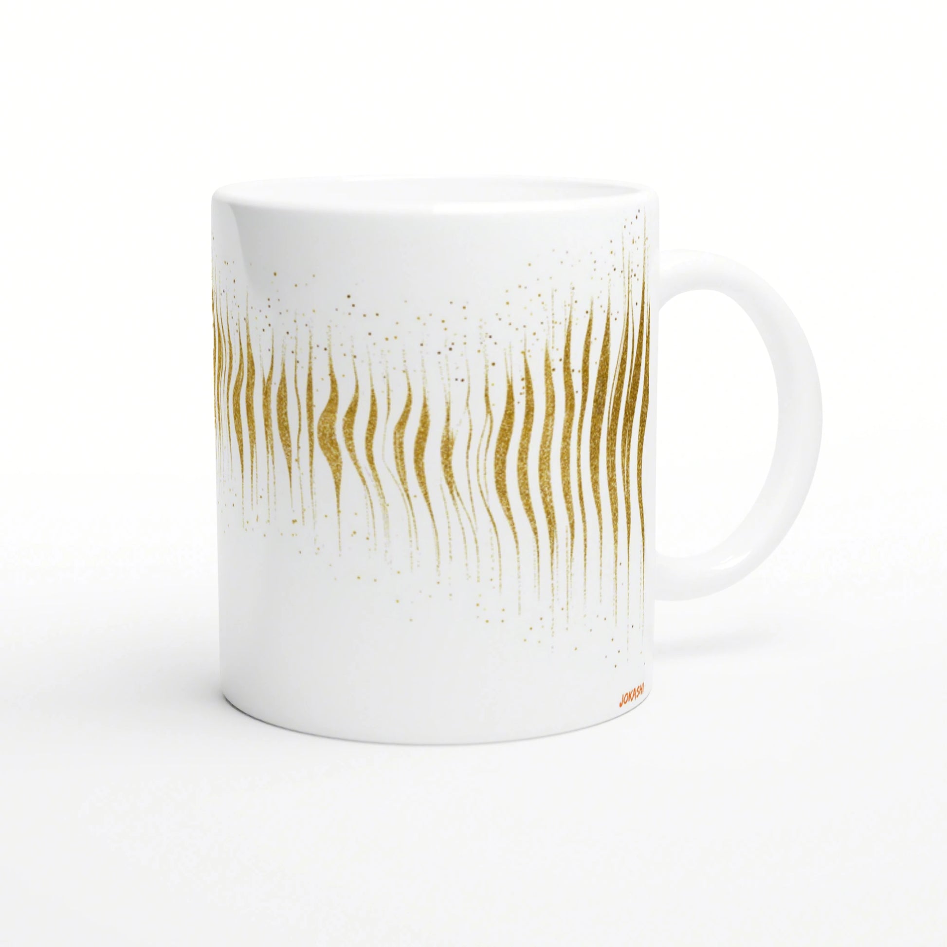 White ceramic mug with a vertical gold wavy stripe design and scattered gold specks.
