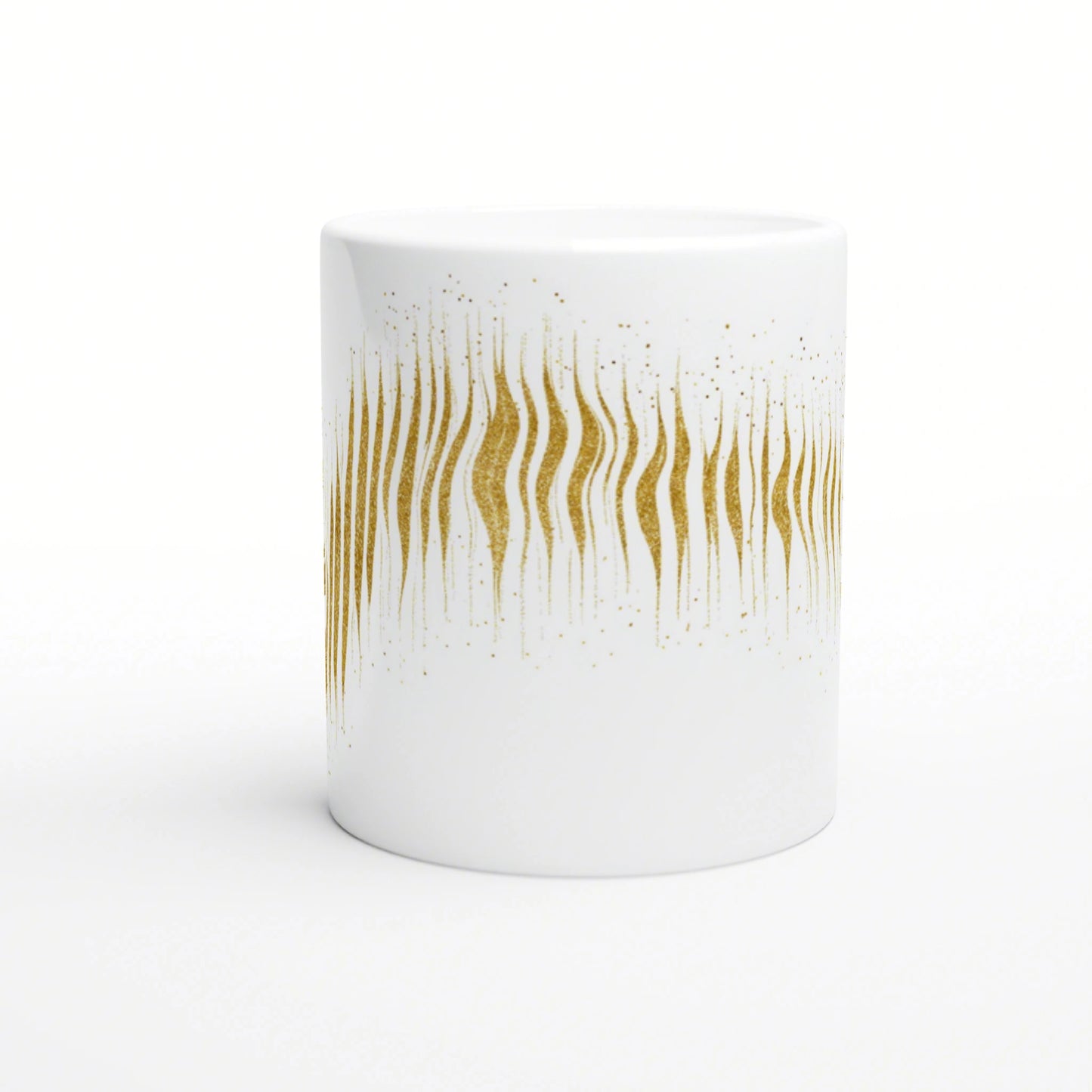 White ceramic mug with a band of vertical gold wavy stripes around the middle.