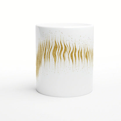White ceramic mug with a band of vertical gold wavy stripes around the middle.