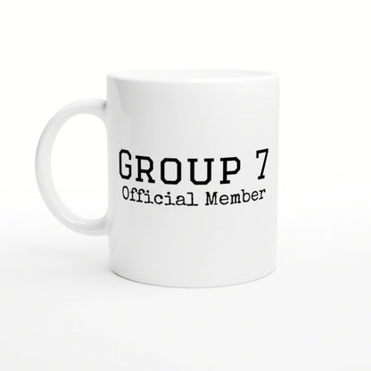 White ceramic mug with bold 'GROUP 7 Official Member' text in a typewriter-style font; product mockup.