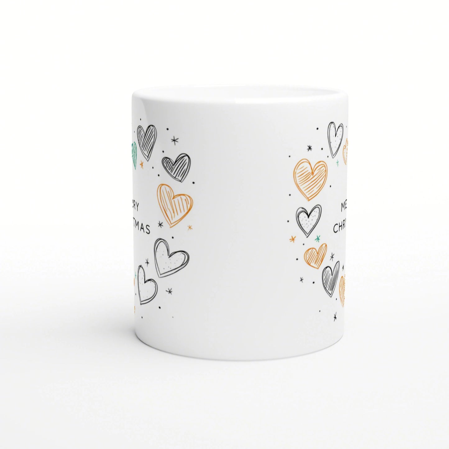 White ceramic mug mockup with hand-drawn hearts in black, orange and teal, tiny stars, and Christmas text wrapping around.