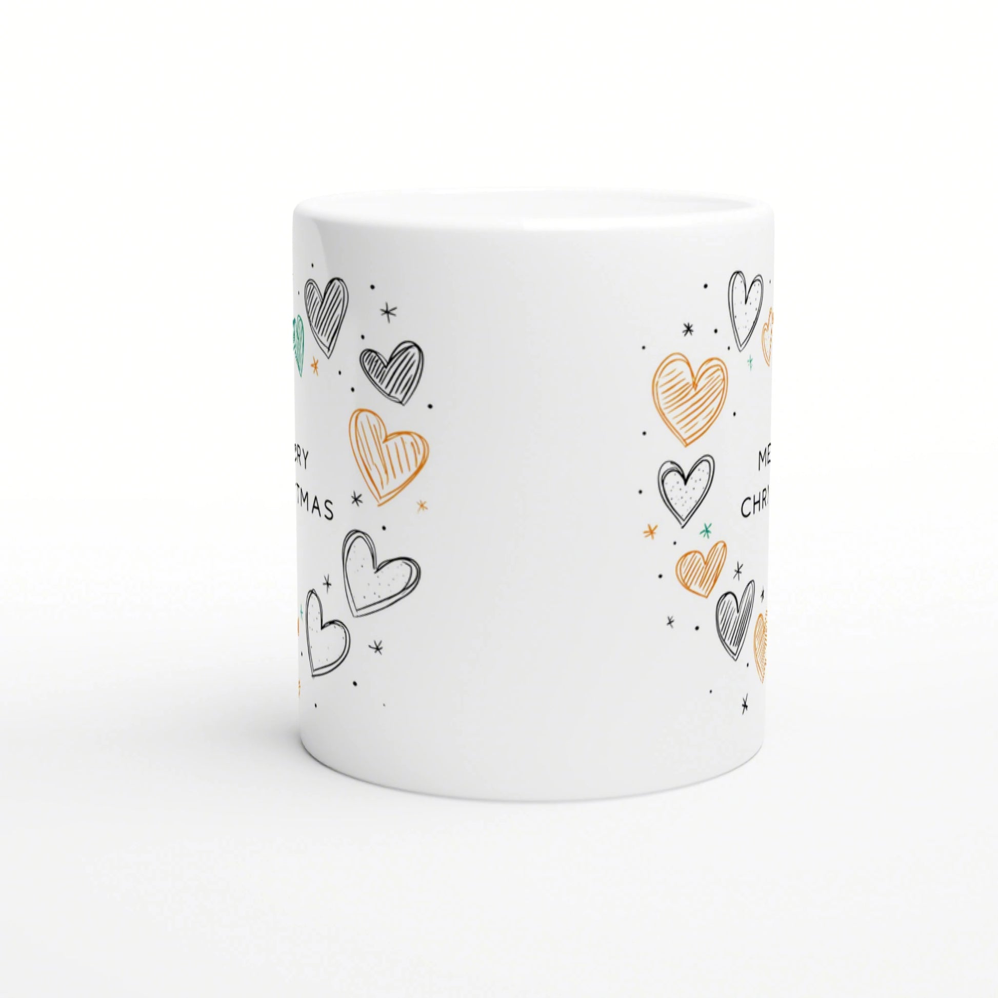 White ceramic mug mockup with hand-drawn hearts in black, orange and teal, tiny stars, and Christmas text wrapping around.