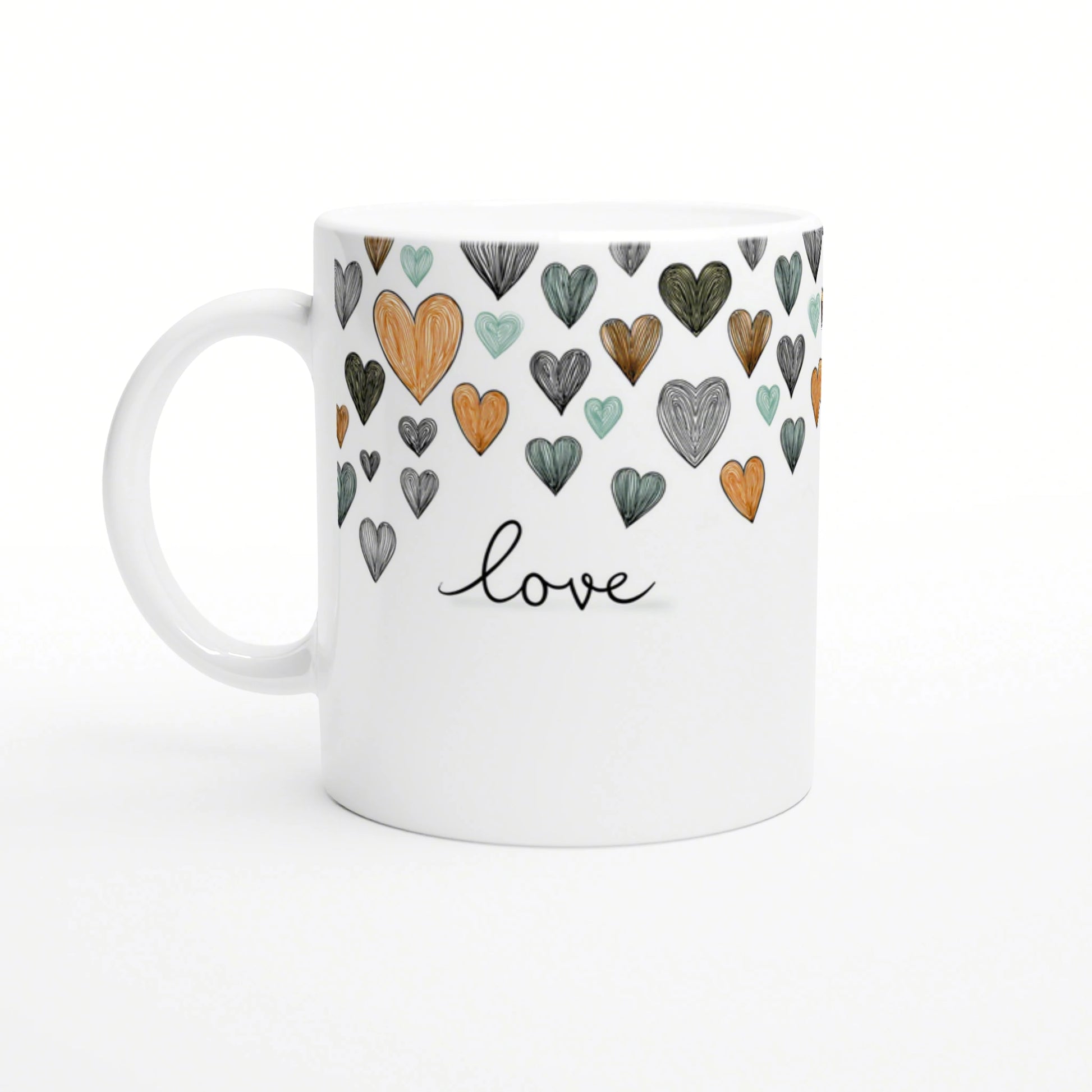 White ceramic mug with a hand-drawn hearts pattern in orange, teal, and gray, and the word love in cursive.
